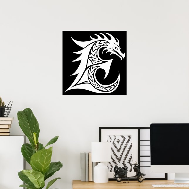 Dragon Styled Letter E, Dragon Alphabet, Monogram Poster (Home Office)