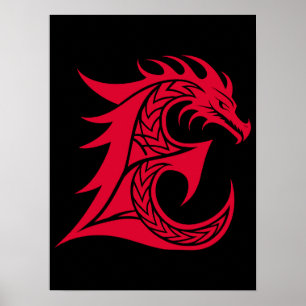 Dragon Styled Letter E, Dragon Alphabet, Monogram Poster