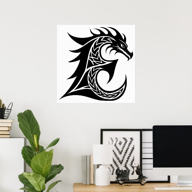 Dragon Styled Letter E, Dragon Alphabet, Monogram Poster (Home Office)
