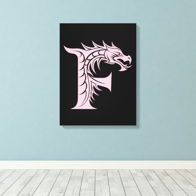 Dragon Styled Letter F, Dragon Alphabet, Monogram Canvas Print (Insitu(Wood Floor))