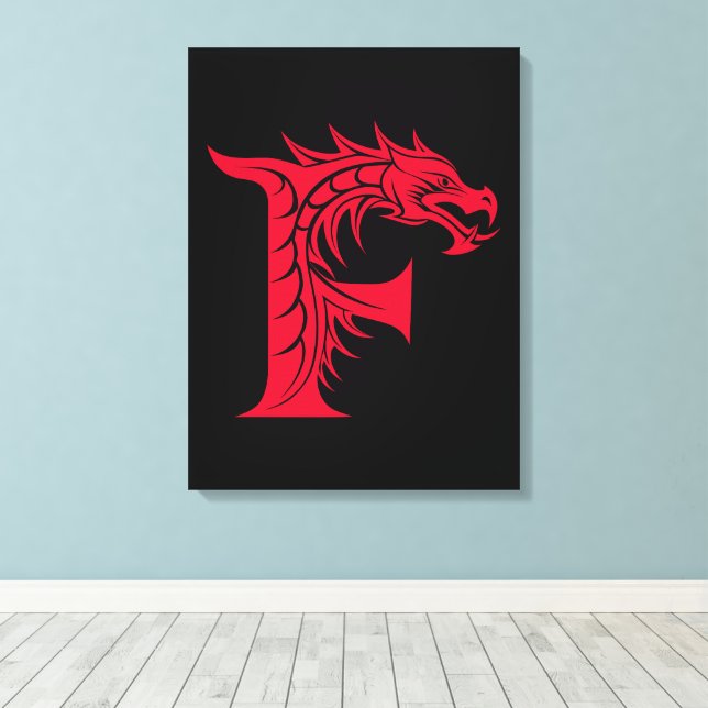 Dragon Styled Letter F, Dragon Alphabet, Monogram Canvas Print (Insitu(Wood Floor))