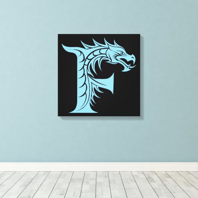 Dragon Styled Letter F, Dragon Alphabet, Monogram Canvas Print (Insitu(Wood Floor))