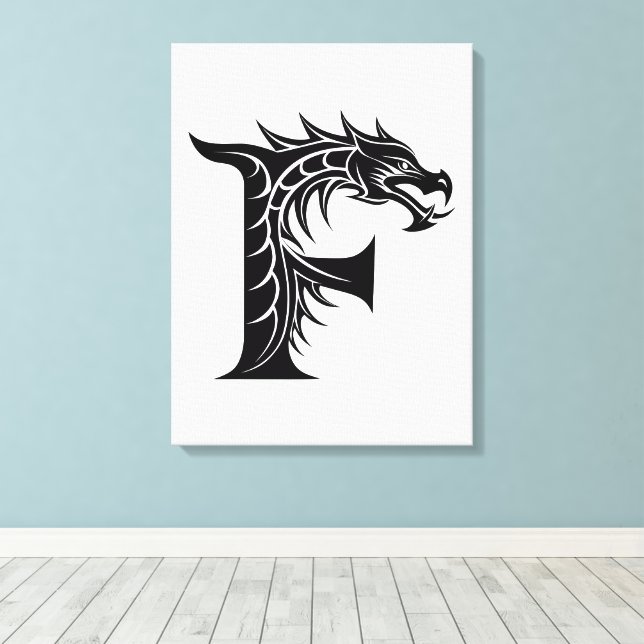Dragon Styled Letter F, Dragon Alphabet, Monogram Canvas Print (Insitu(Wood Floor))