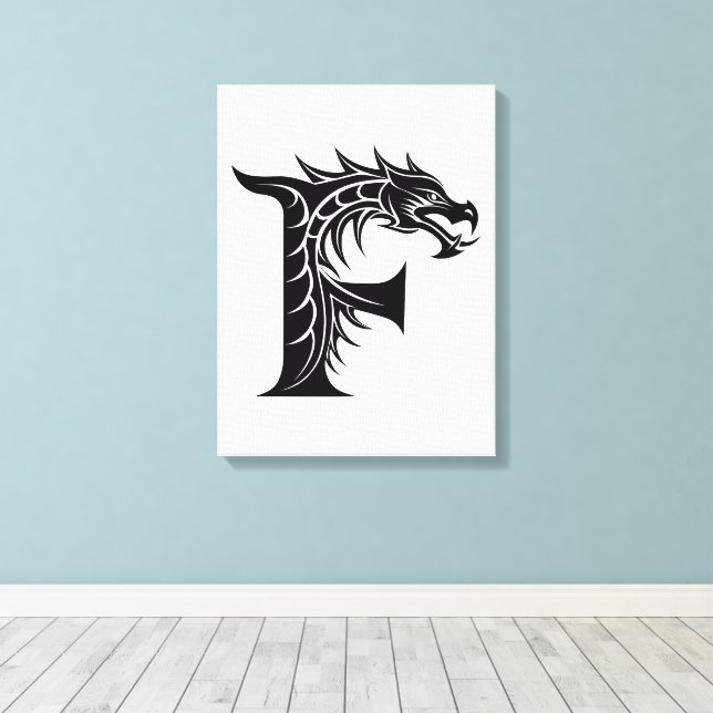 Dragon Styled Letter F, Dragon Alphabet, Monogram Canvas Print (Insitu(Wood Floor))