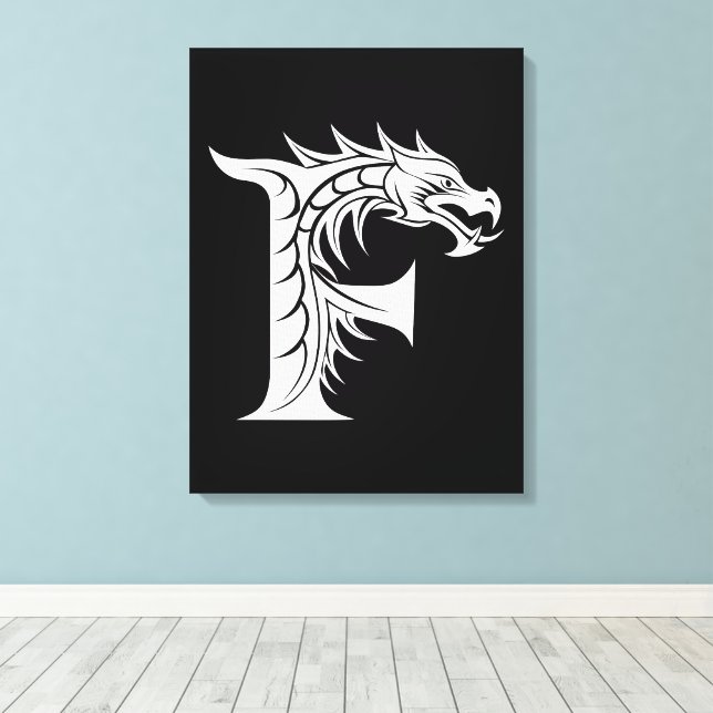 Dragon Styled Letter F, Dragon Alphabet, Monogram Canvas Print (Insitu(Wood Floor))