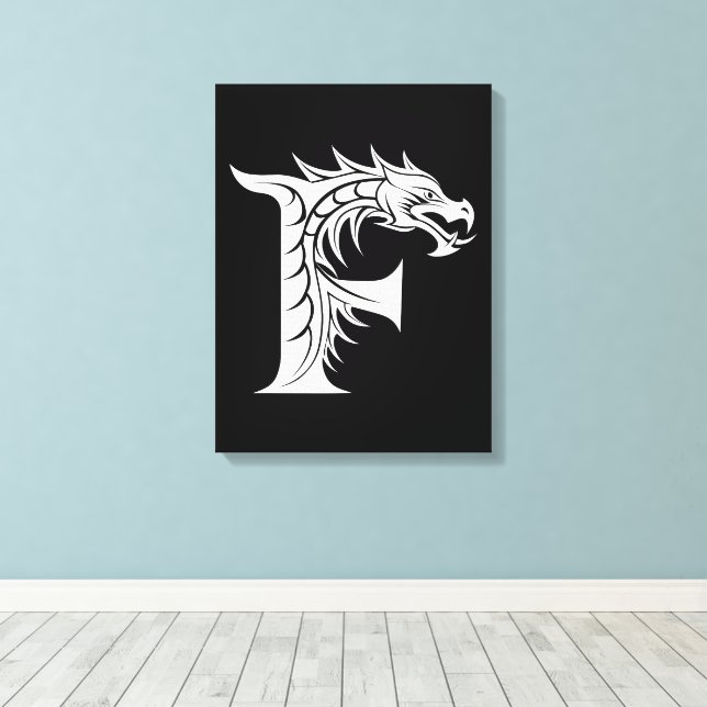 Dragon Styled Letter F, Dragon Alphabet, Monogram Canvas Print (Insitu(Wood Floor))