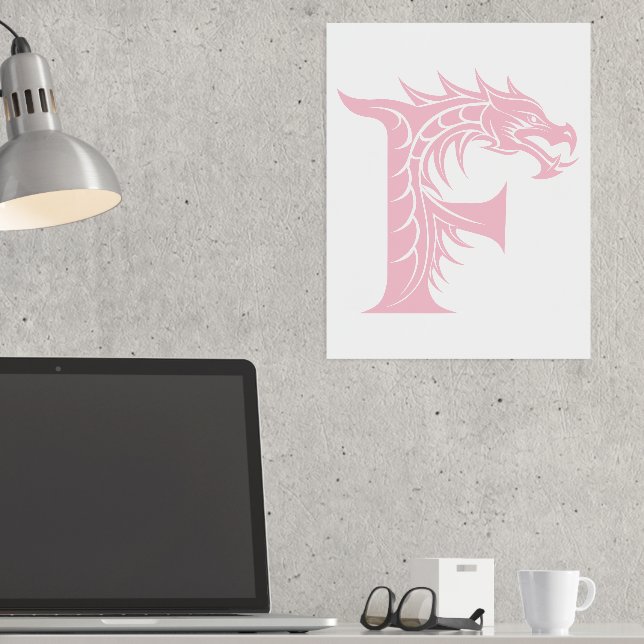 Dragon Styled Letter F, Dragon Alphabet, Monogram Foil Prints (In Situ (Desk))