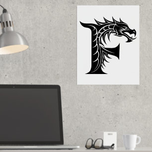 Dragon Styled Letter F, Dragon Alphabet, Monogram Foil Prints