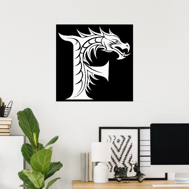Dragon Styled Letter F, Dragon Alphabet, Monogram Poster (Home Office)