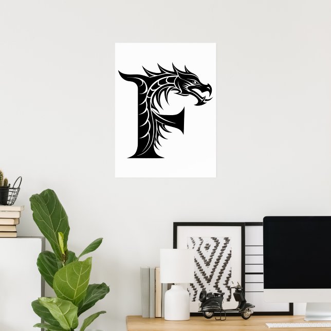 Dragon Styled Letter F, Dragon Alphabet, Monogram Poster (Home Office)