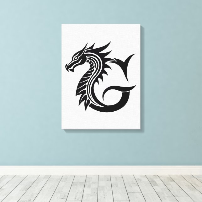 Dragon Styled Letter G, Dragon Alphabet, Monogram Canvas Print (Insitu(Wood Floor))