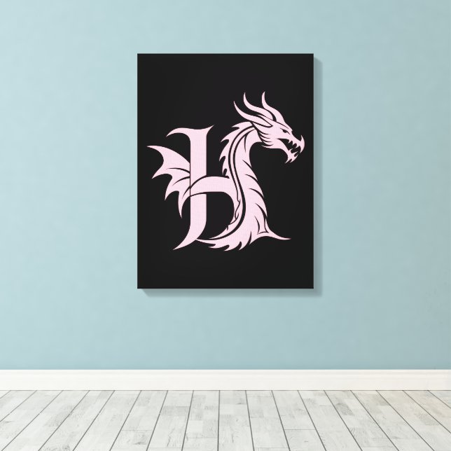 Dragon Styled Letter H, Dragon Alphabet, Monogram Canvas Print (Insitu(Wood Floor))