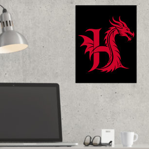 Dragon Styled Letter H, Dragon Alphabet, Monogram Foil Prints