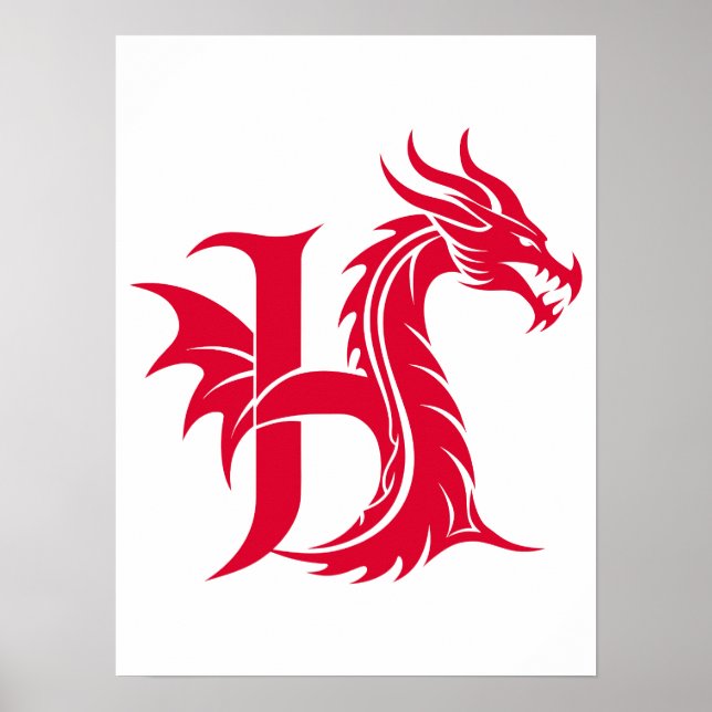 Dragon Styled Letter H, Dragon Alphabet, Monogram Poster (Front)
