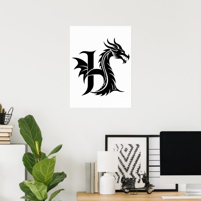 Dragon Styled Letter H, Dragon Alphabet, Monogram Poster (Home Office)
