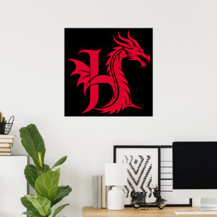 Dragon Styled Letter H, Dragon Alphabet, Monogram Poster