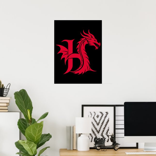 Dragon Styled Letter H, Dragon Alphabet, Monogram Poster (Home Office)