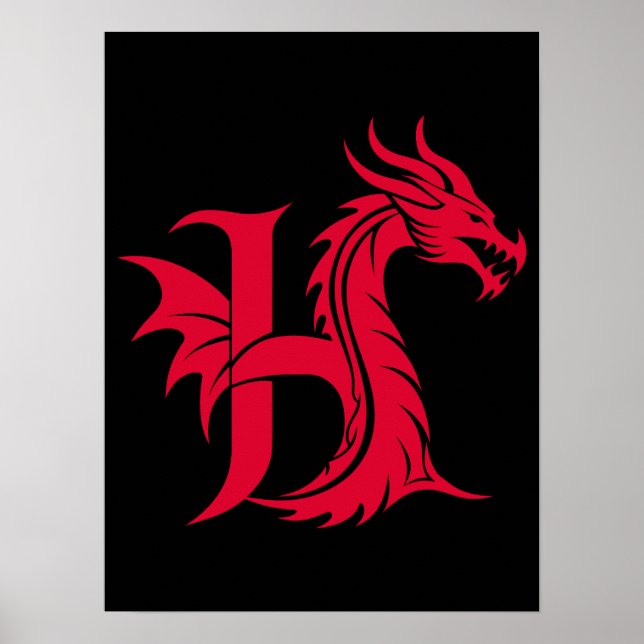 Dragon Styled Letter H, Dragon Alphabet, Monogram Poster (Front)