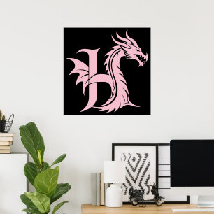 Dragon Styled Letter H, Dragon Alphabet, Monogram Poster