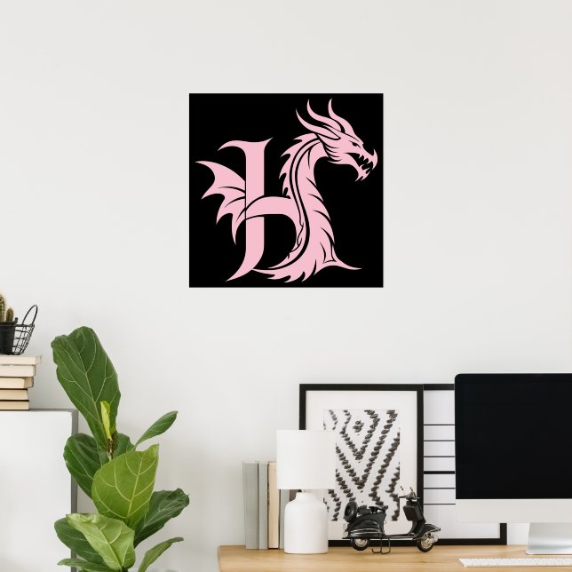 Dragon Styled Letter H, Dragon Alphabet, Monogram Poster (Home Office)