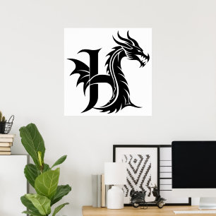 Dragon Styled Letter H, Dragon Alphabet, Monogram Poster