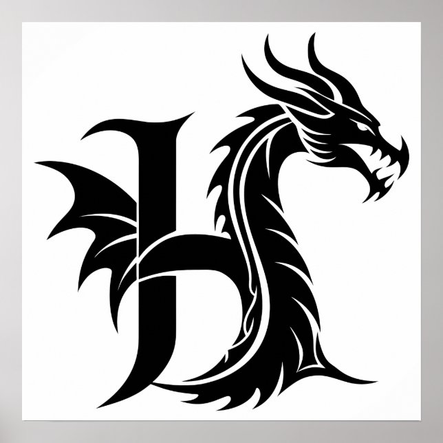 Dragon Styled Letter H, Dragon Alphabet, Monogram Poster (Front)