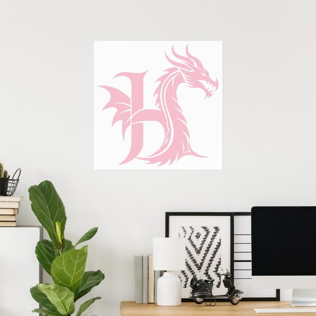 Dragon Styled Letter H, Dragon Alphabet, Monogram Poster (Home Office)