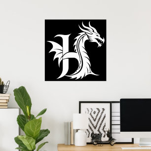 Dragon Styled Letter H, Dragon Alphabet, Monogram Poster