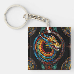 Dragon Swirl in multi coloured mosaic design Key Ring