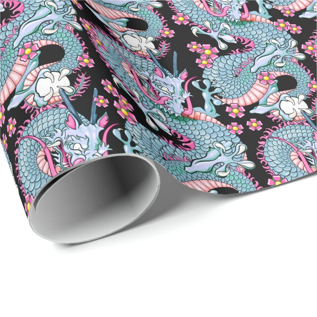 Dragon Tattoo Art in Pink and Peach Melba Wrapping Paper (Roll Corner)