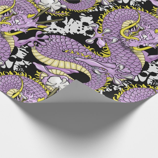 Dragon Tattoo Art in Purple Lilac and Yellow Wrapping Paper (Corner)