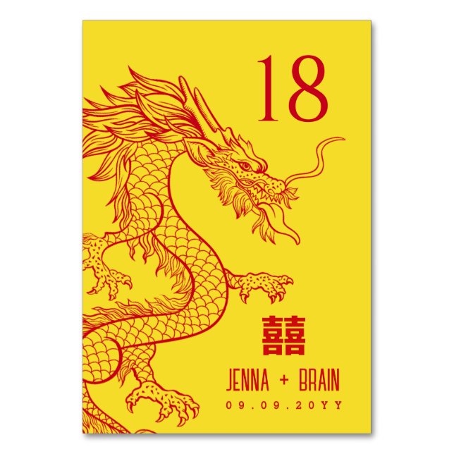 Dragon Theme Double Happiness | Red on Gold Table Number (Front)