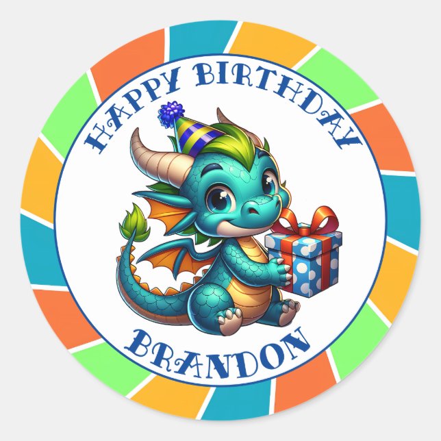 Dragon Themed Boy's Birthday Party Classic Round Sticker (Front)