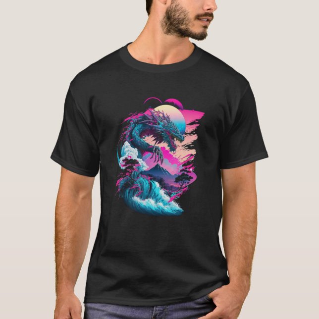 Dragon Vaporwave Abstract Landscape Moon Tree Wate T-Shirt (Front)