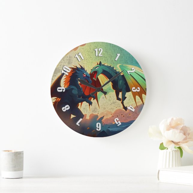 Dragon vs Pegasus - Fantasy Art Large Clock (Home)