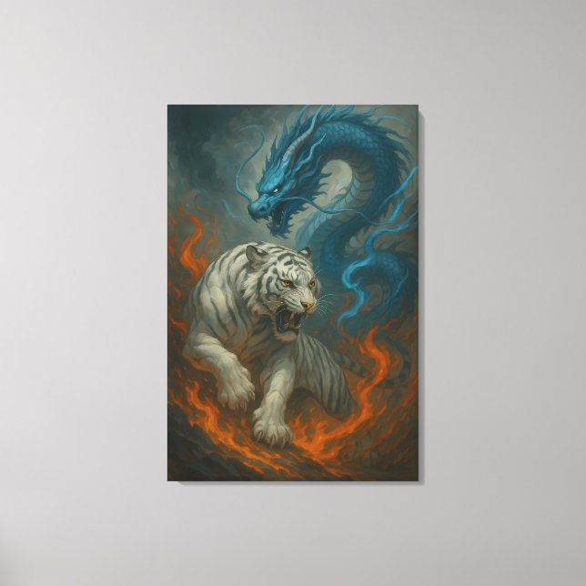 Dragon vs White Tiger – Mystical Fantasy Wall Art  (Front)