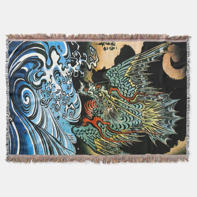 Dragon & Water Spirit Kuniyoshi Japanese Fine Art Throw Blanket (Front)