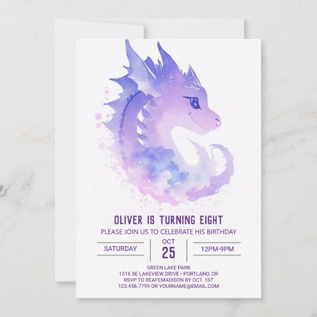 Dragon Watercolor Birthday Invitation (Front)