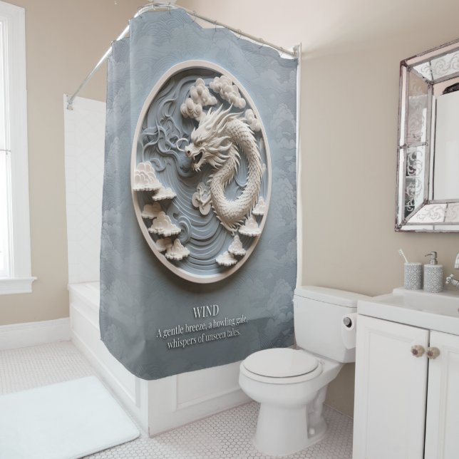 Dragon Wind Element Grey White  Shower Curtain (In Situ)