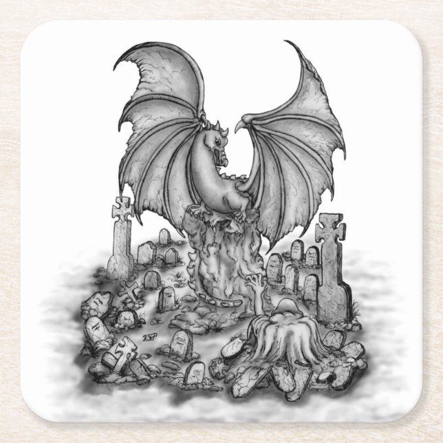 Dragon with Zombie Square Paper Coaster (Front)