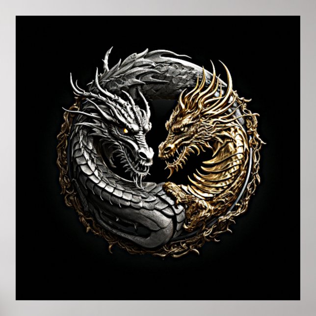 Dragon Yin Yang Art Gold and Silver Poster (Front)