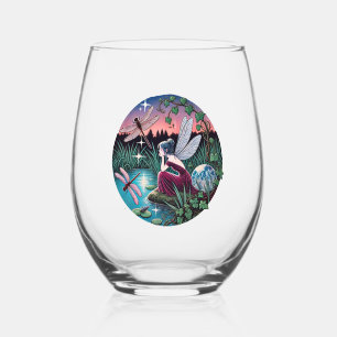 Dragonflies and Fairy Stemless Wine Glass