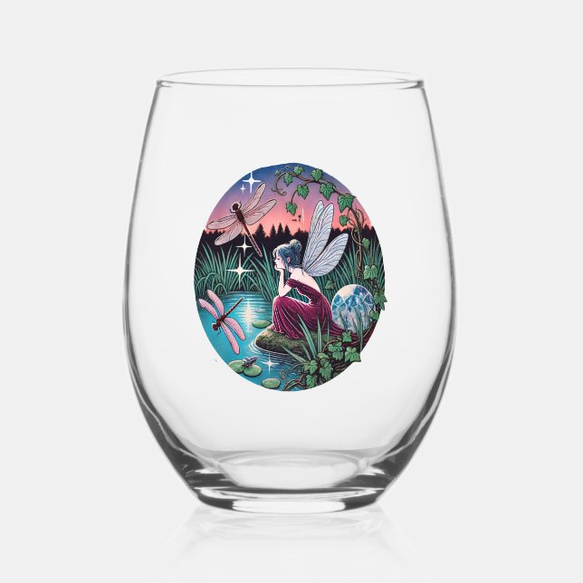 Dragonflies and Fairy                              Stemless Wine Glass (Front)