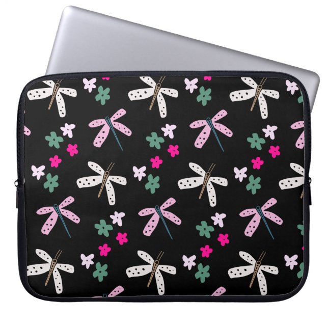 Dragonflies and Flowers On Black Laptop Sleeve (Front)