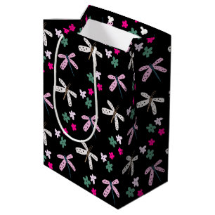 Dragonflies and Flowers On Black Medium Gift Bag