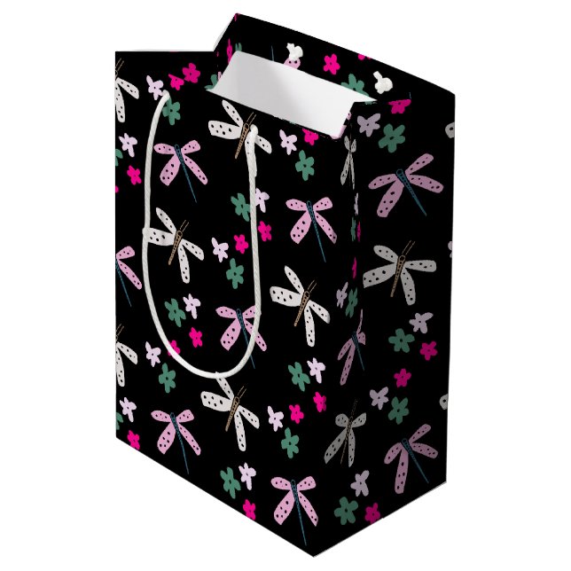 Dragonflies and Flowers On Black Medium Gift Bag (Back Angled)