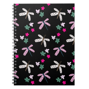 Dragonflies and Flowers On Black Notebook
