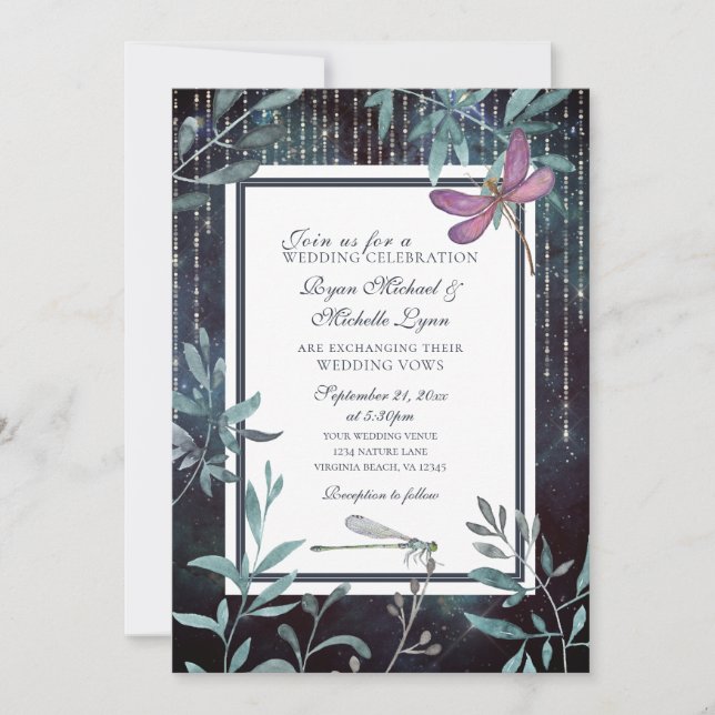 Dragonflies and Lights Evening Garden Wedding Invitation (Front)