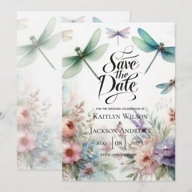 Dragonflies and Pastel Florals Save the Date (Front/Back)