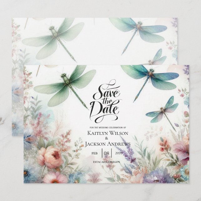Dragonflies and Pastel Florals Save the Date (Front/Back)